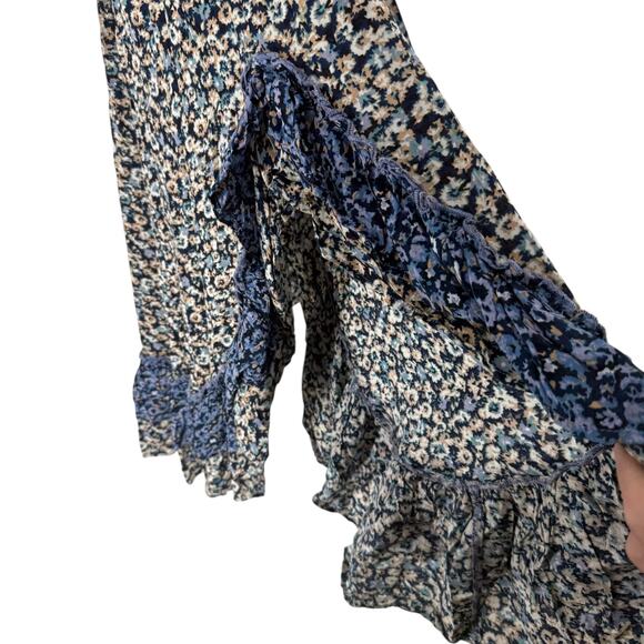 Free People One I Love Dress Denim Combo S Midi Ditsy Floral Blue Smocked Boho - Picture 7 of 10